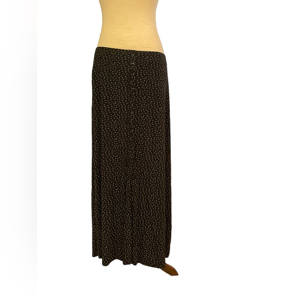 Vintage 90s/2000s Pull On Maxi Stretchy Black White Small Print Poly Skirt